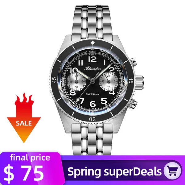 ★SuperDeals★ADDIESDIVE 41mm Stainless Steel Quartz Chronograph Watch VK64（AD2034）