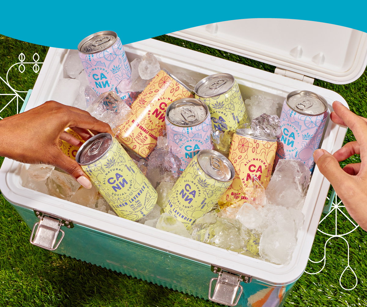 Friends grabbing Canns from a cooler.