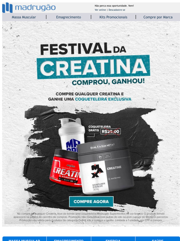 🚀 Festival da Creatina: Compre qualquer Creatina e Ganhe Brinde Exclusivo!