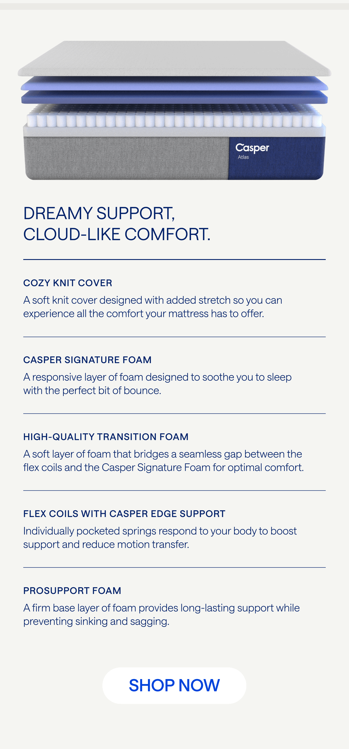Cozy Knit Cover. A soft knit cover designed with added stretch so you can experience all the comfort your mattress has to offer. Casper Signature Foam. A responsive layer of foam designed to soothe you to sleep with the perfect bit of bounce. High-Quality Transition Foam. A soft layer of foam that bridges a seamless gap between the flex coils and the Casper Signature Foam for optimal comfort. Flex Coils with Casper Edge Support. Individually pocketed springs respond to your body to boost support and reduce motion transfer. ProSupport Foam. A firm base layer of foam provides long-lasting support while preventing sinking and sagging.