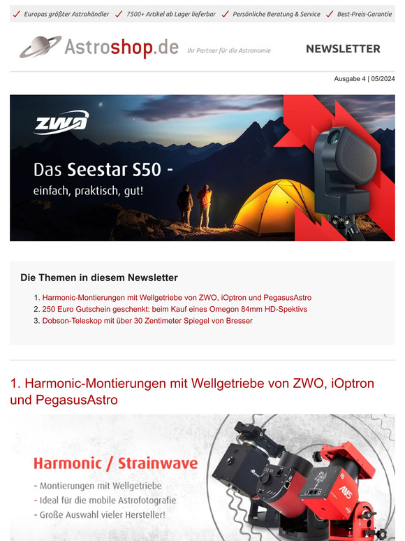 🔭🌟 Harmonic-Montierungen & 250€ Gutschein für Omegon 84mm HD-Spektiv + Bresser Dobson-Teleskop Highlights!