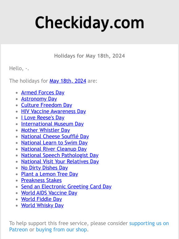 Checkiday: Holidays for May 18th, 2024! 📅🎉 | Milled