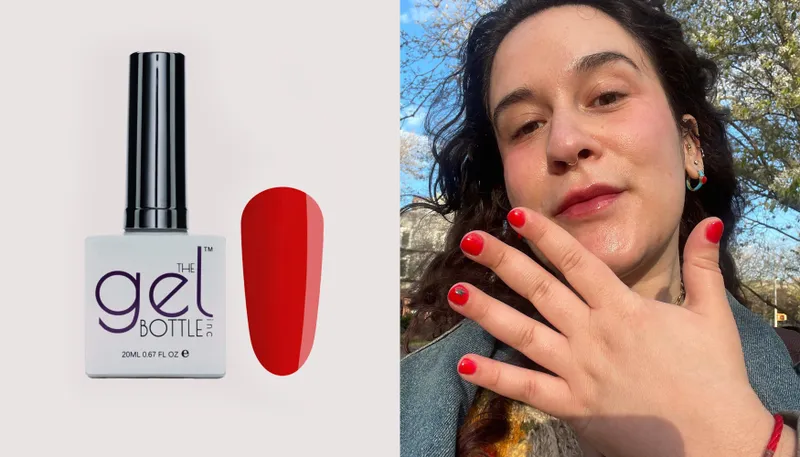 left: bottle of the gelbottle builder in a bottle with Love BIAB swatch; right: writer Devon abelman with BIAB manicure