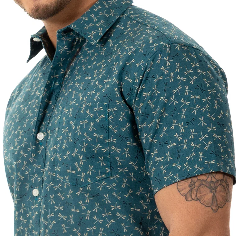 Image of TEDDY Short Sleeve Shirt in Teal Green Japanese Dragonfly Print