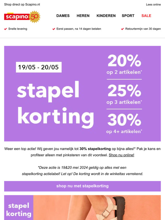 Scapino NL-BE: Tot 30% stapelkorting met Pinksteren! | Milled