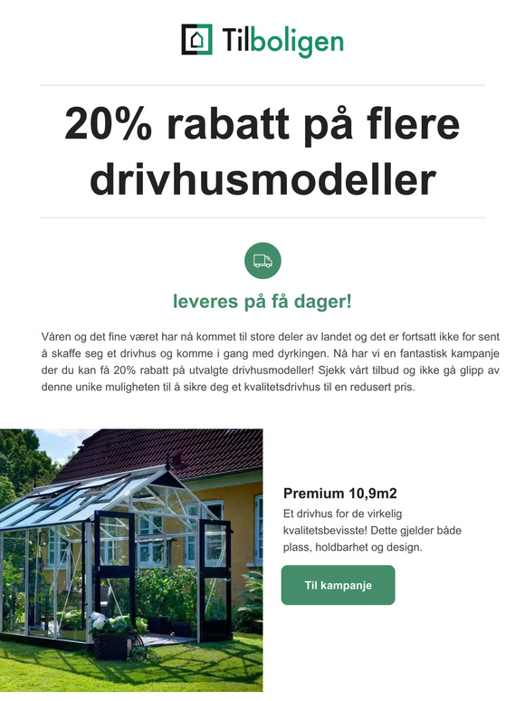 20% rabatt på flere drivhusmodeller – leveres på få dager!
