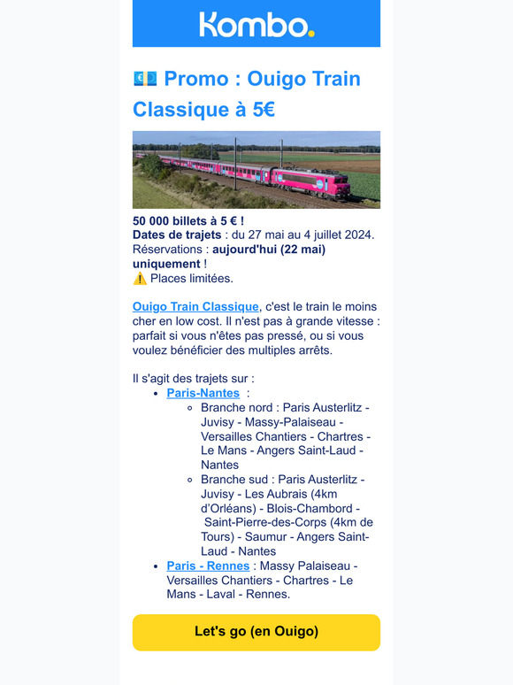 Promo Ouigo, promo Eurostar, ouverture des ventes SNCF, nouveaux trains Renfe, Street Food à Lyon, Exit Festival