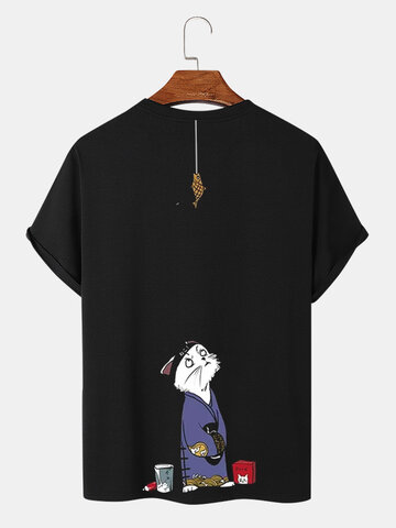 Japanese Cat & Fish Print T-Shirts