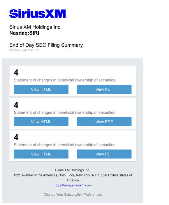 SiriusXM Daily SEC Filing Alert for Sirius XM Holdings Inc. (SIRI