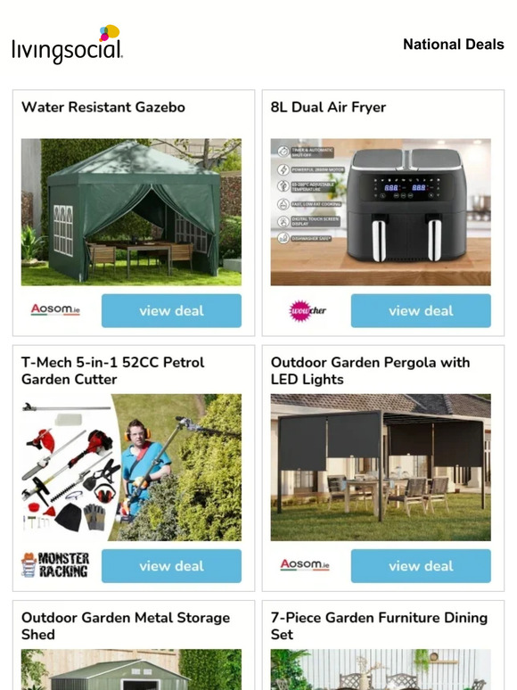 Water Resistant Gazebo | 8L Dual Air Fryer  | T-Mech 5-in-1 52CC Petrol Garden Cutter | Outdoor Garden Pergola with LED Lights | Outdoor Garden Metal Storage Shed