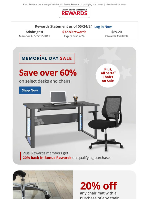 Office Depot® OfficeMax® Memorial Day Sale Over 60 off select furniture + All Serta® chairs
