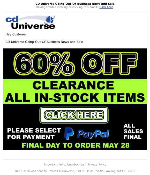 CD Universe: CD Universe Going-Out-Of-Business Sale Continues. Now 60% ...