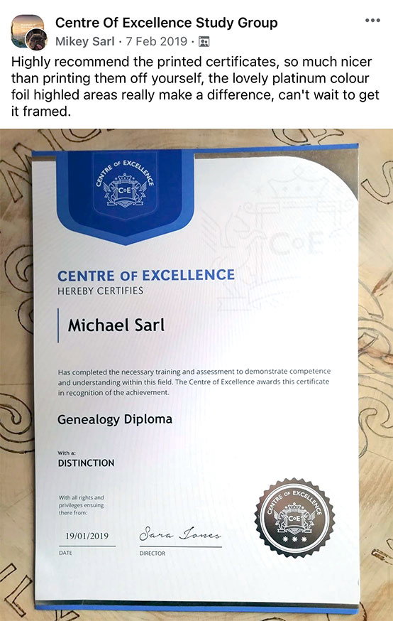 Social media post that includes an image of a printed CoE certificate