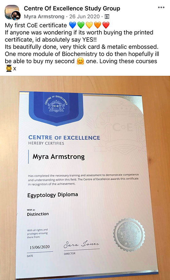 Social media post that includes an image of a printed CoE certificate