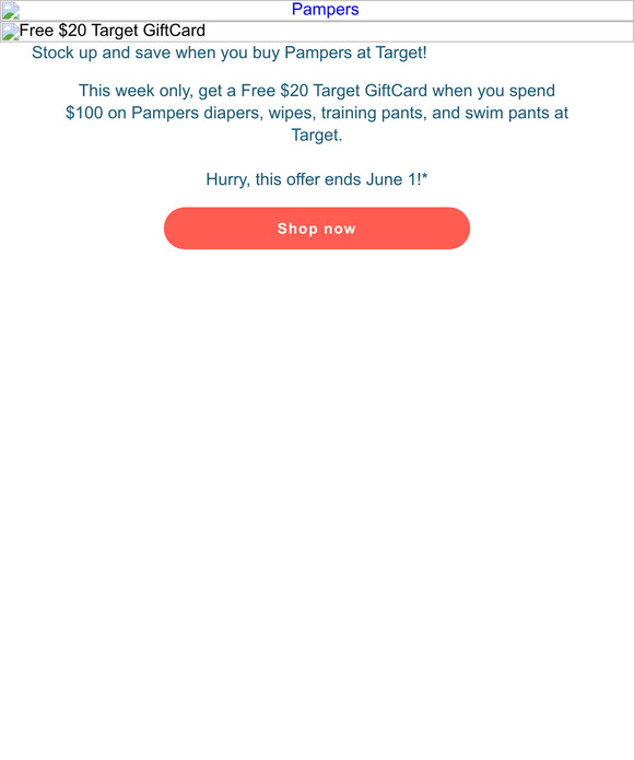 Pampers free 20 gift card when you buy pampers at target milled