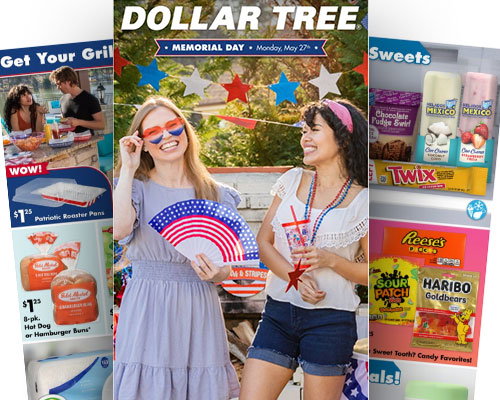 3 Dollar Tree advertisements showing Memorial Day supplies, snacks, and more