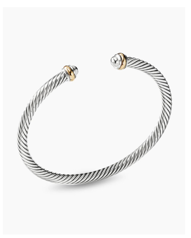 Classic Cable Bracelet Sterling Silver with 18K Yellow Gold, 4mm
