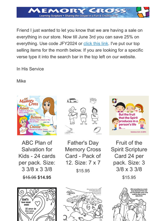 Save 25% on everything in Memory Cross' store.  Sale ends June 3rd, 2024.