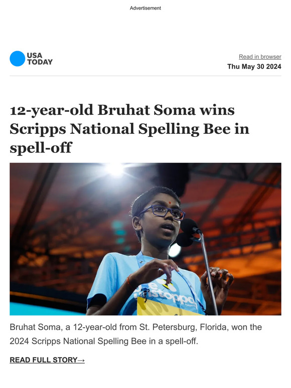 USA TODAY: Breaking: 12-year-old Bruhat Soma Wins The 96th Scripps ...