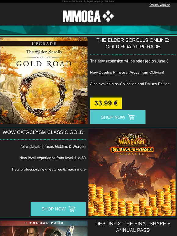 MMOGA - ESO - Gold Road! WoW Cataclysm Classic! Destiny 2 Addon!
