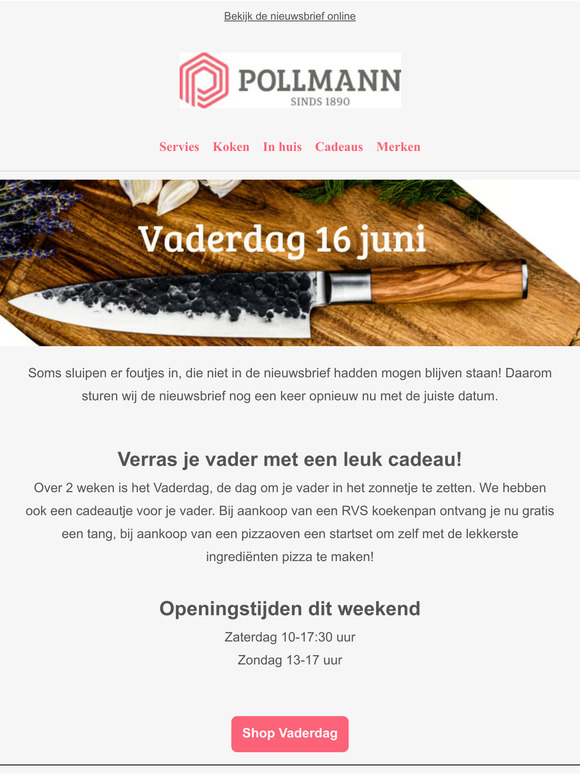Rectificatie: Vaderdag zondag 16 juni!