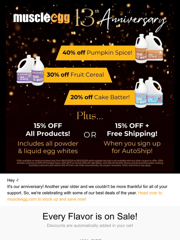 MuscleEgg Anniversary Savings - up to 40% off!