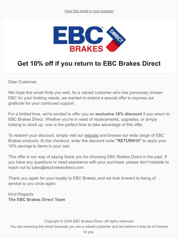 Get 10% off if you return to EBC Brakes Direct!
