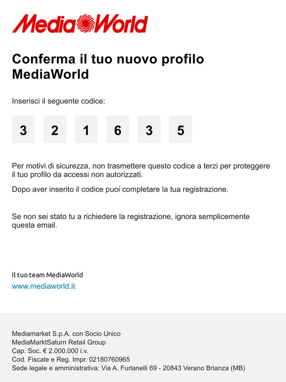 Conferma il tuo nuovo profilo MediaWorld