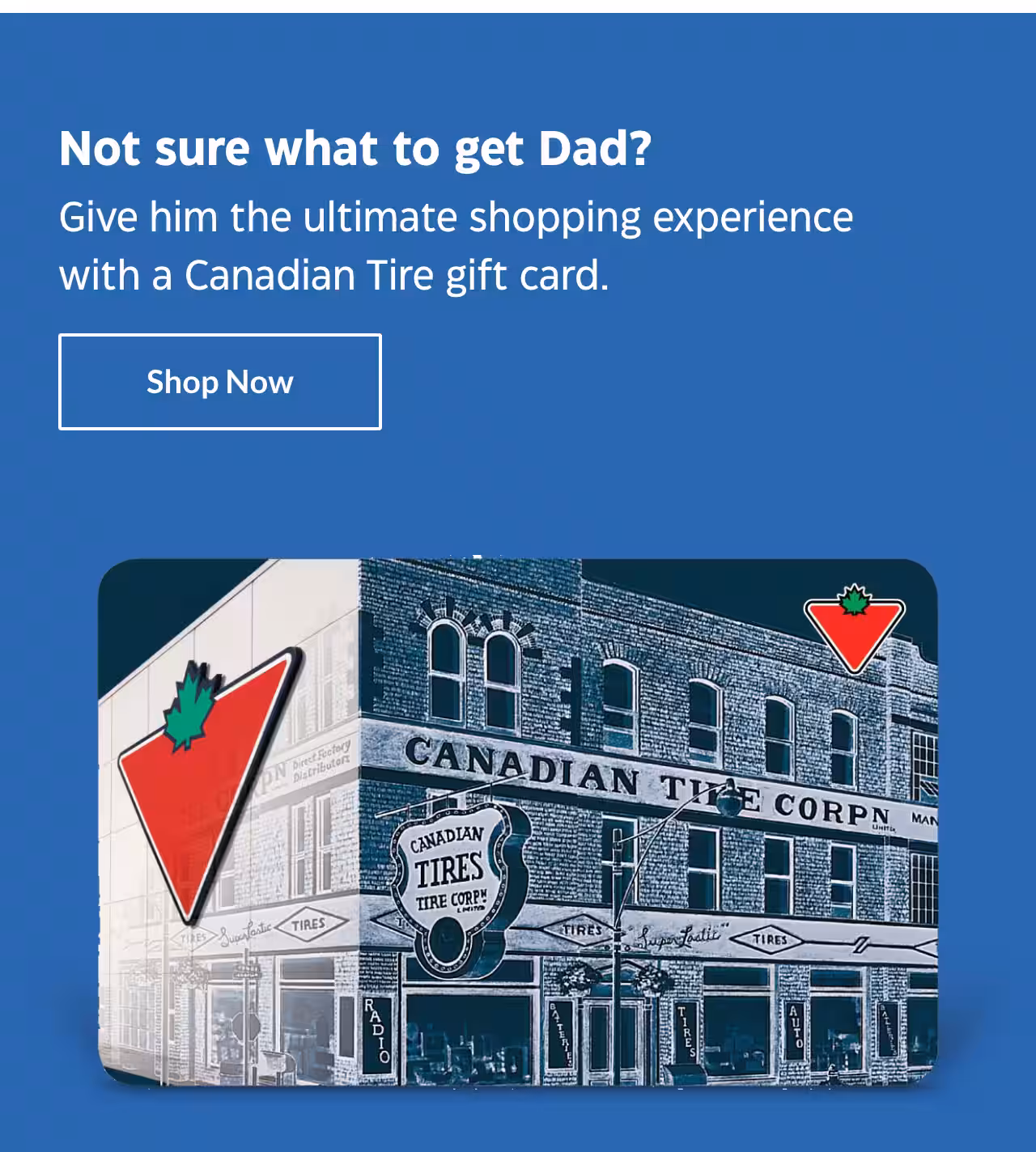 Not sure what to get Dad? Give him the ultimate shopping experience with a Canadian Tire gift card. Shop Now.
