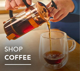 Shop Coffee text overlays image of cafetiere