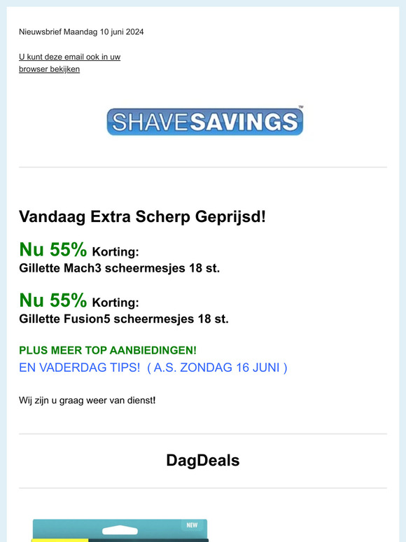 DagDeals Gillette Mach3 18 st en Fusion 18st 55 % Korting! en o.a. Vaderdag Aanbiedingen!