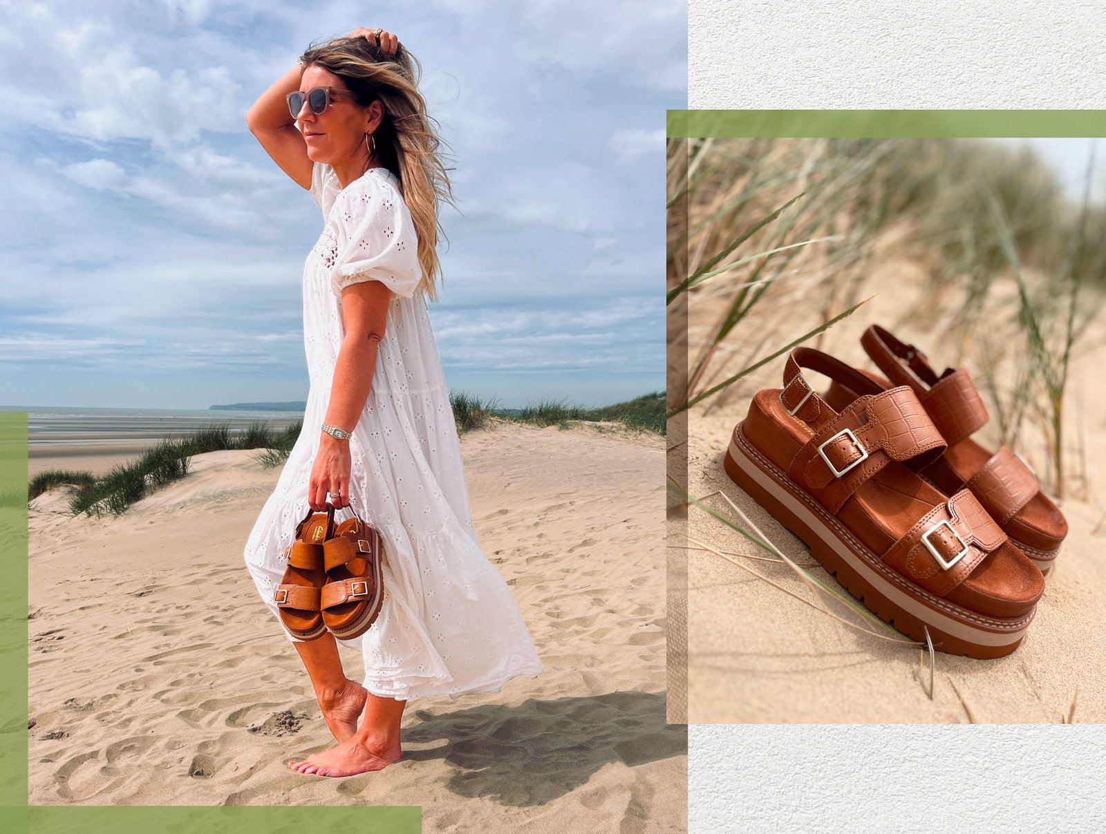 Images of influencer theturquoiseflamingo with womens sandals Orianna Glide in tan interest links to product page