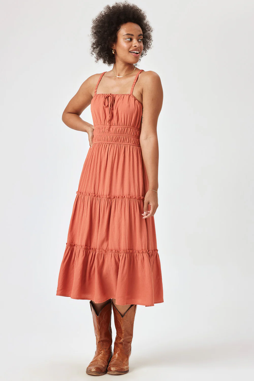 Image of Rust Cinched Waist Tiered Midi Dress