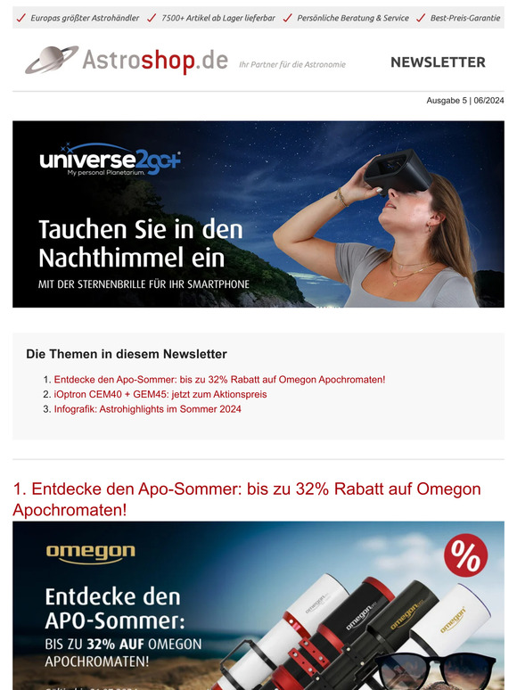🌞 Entdecke den Apo-Sommer mit bis zu 32% Rabatt auf Omegon Apochromaten! | iOptron CEM40 + GEM45 zum Aktionspreis | Astrohighlights Sommer 2024 🌟