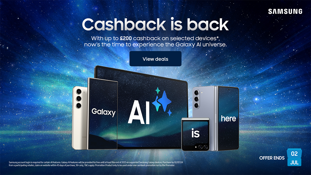 Various Samsung phones against a galaxy background