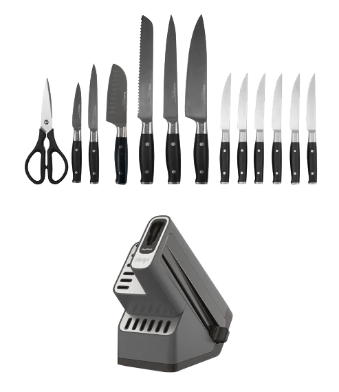 Includes: 8” Chef Knife, 8” Bread Knife, 8” Slicing Knife, 5'' Boning Knife, 5” Utility Knife, 3.5” Paring Knife, Scissors, 6 x 4.5'' Steak Knives & Storage Block with Built-in Sharpener.