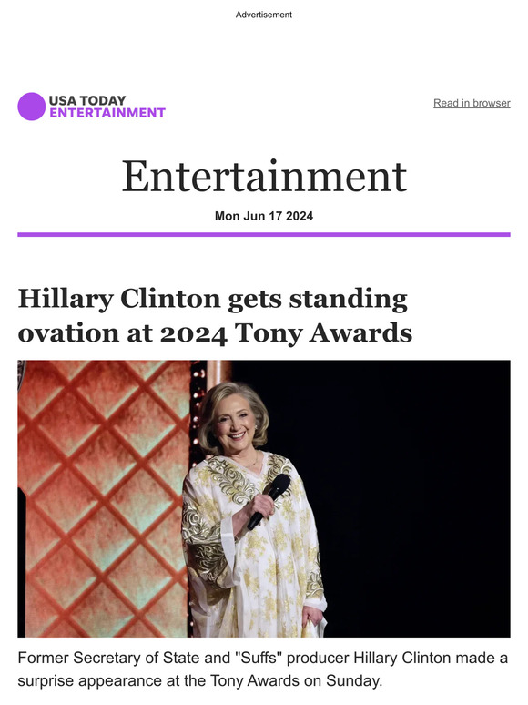 USA TODAY Hillary Clinton gets standing ovation at 2024 Tony Awards