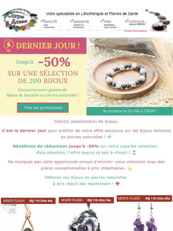 ⏰ DERNIER JOUR : Jusqu'à -50% sur les bijoux de fantaisie