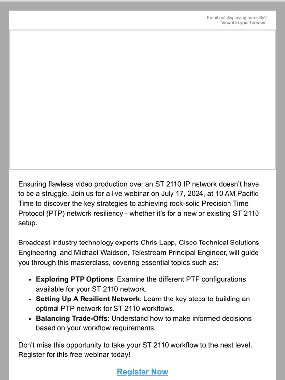 Free Webinar: Master PTP Network Resiliency for ST 2110 Workflows