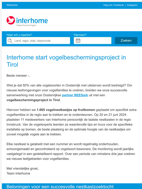 Interhome start vogelbeschermingsproject in Tirol