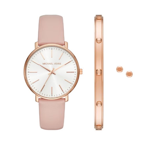 Michael Kors Ladies' Pyper Pink Leather Strap Watch And Stainless Steel Bracelet & Earring Gift Set