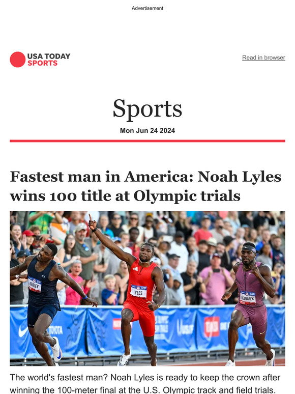 USA TODAY: Fastest man in America: Noah Lyles wins 100 title at Olympic ...