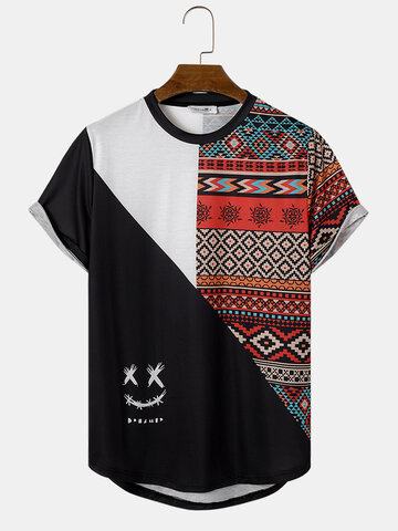 Smile Geometric Ethnic Pattern Curved Hem T-Shirts