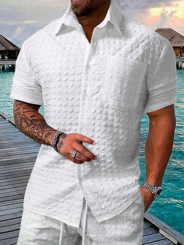 Solid Patch Pocket Lapel Collar Shirts