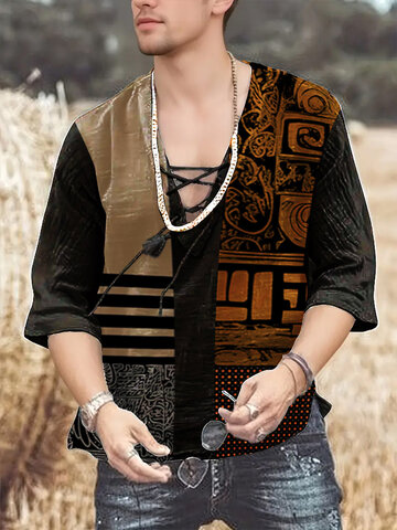 Geo Patchwork Lace-Up T-Shirts
