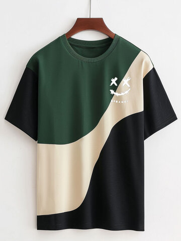 Smile Pattern Color Block Patchwork T-Shirts