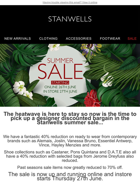 Stanwells Summer Sale Starts  Wednesday 26th June...