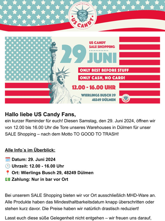 Reminder: US Candy Warehouse SALE - 29.06.2024! 🍭💸