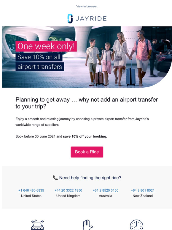 One week only! Save 10% on all airport transfers worldwide