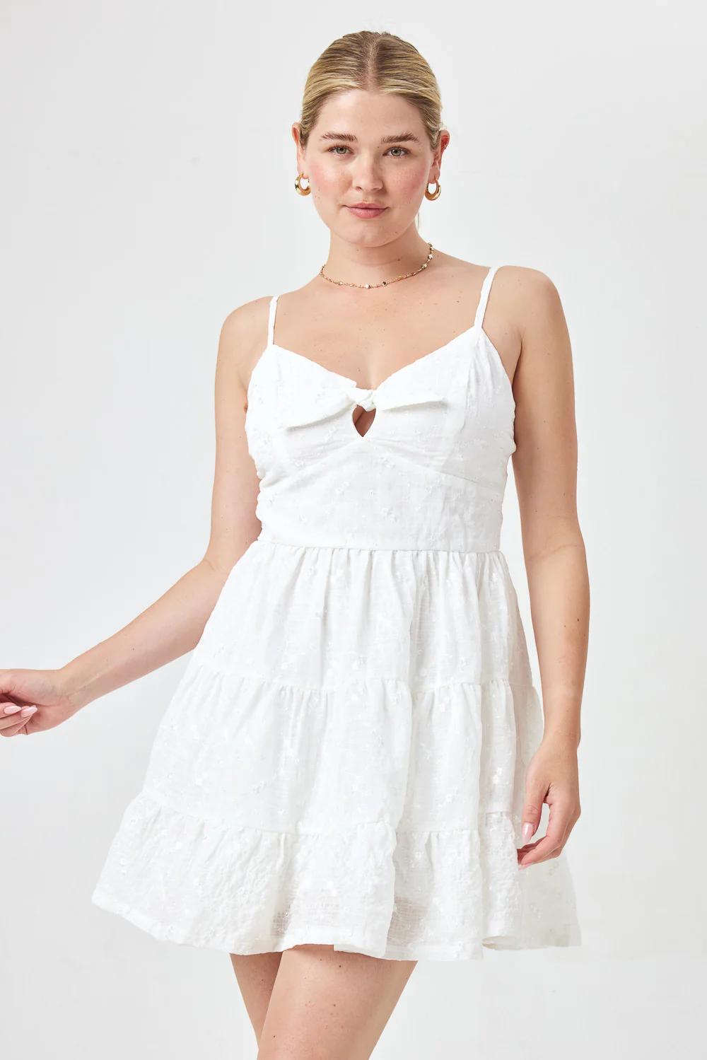 Image of White Tie Front Embroidery Dress